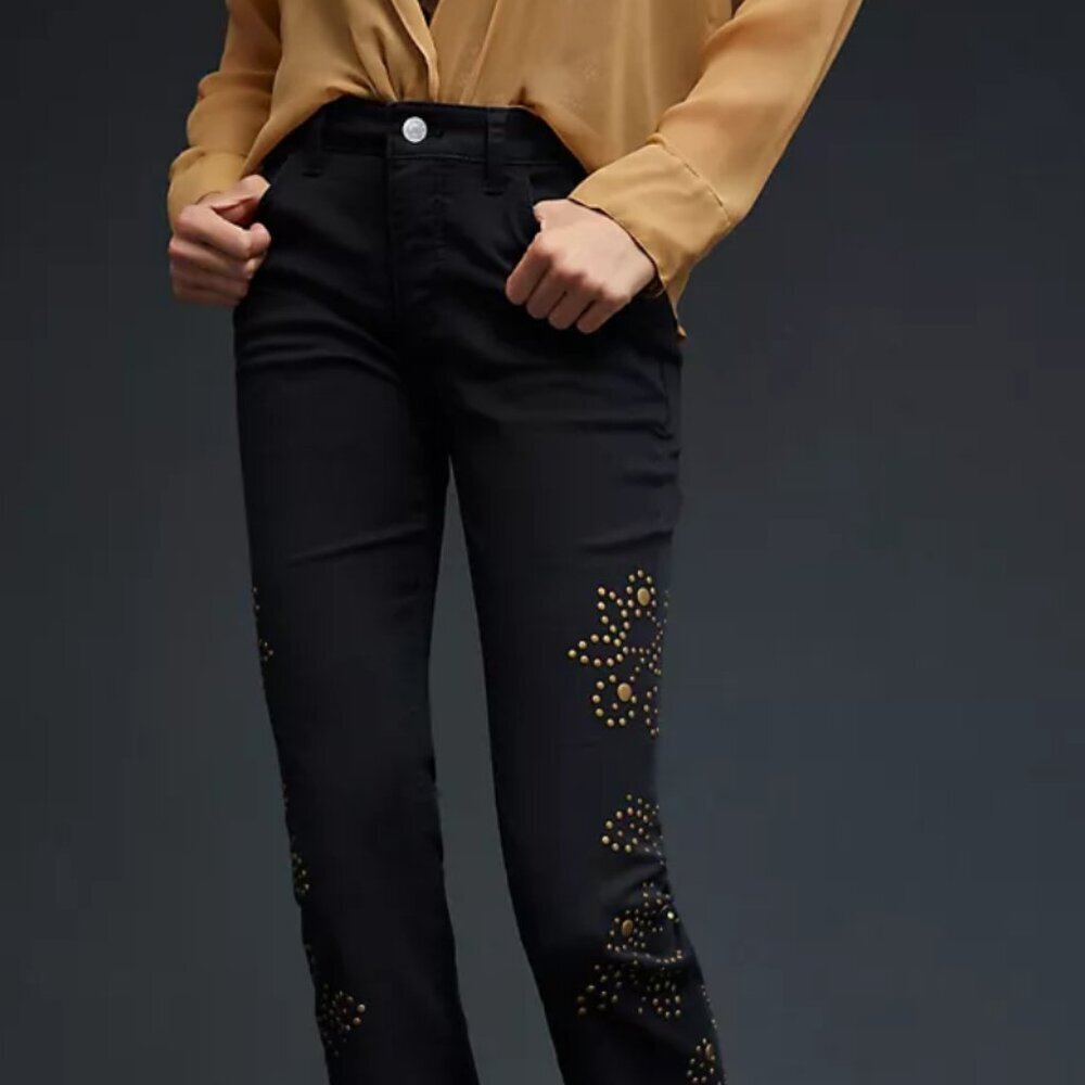 Anthropologie Pilcro Black Cropped Jeans Size 31 The Icon Raw Hem Bronze Studded - Picture 1 of 16